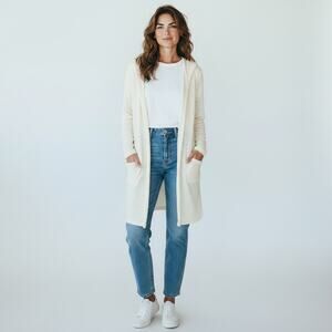 Eileen Fisher Organic Cotton Hooded Cardigan Long Open Front Duster Cream Size L